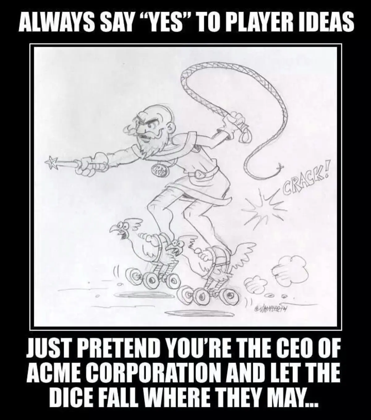A black-and-white cartoon sketch shows a bald, bearded man in a tunic wielding a whip and a star-tipped wand while riding on…