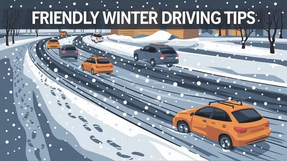 An illustrated snowy road scene with multiple cars driving in a curved path, snow falling, and footprints visible along the…