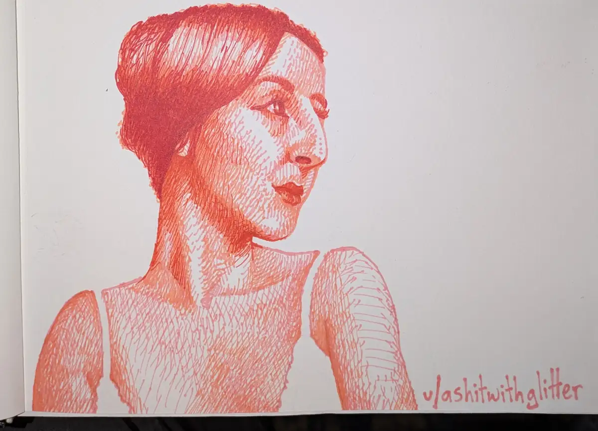 A hand-drawn portrait in red ink shows a woman in profile, her hair pulled back, wearing a tank top. The text…
