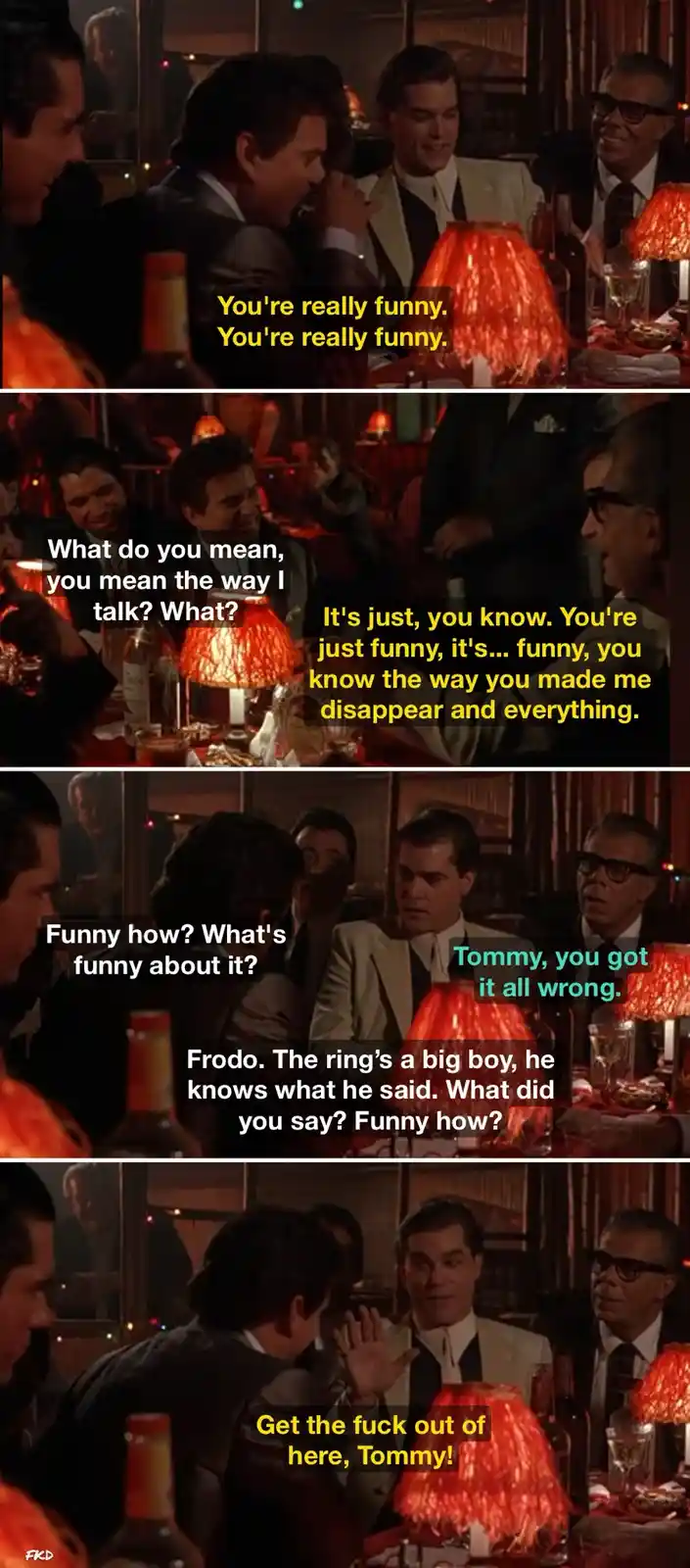 A four-panel meme from the 1980s film 'The Godfather Part II' shows a tense dinner scene where characters misinterpret each…