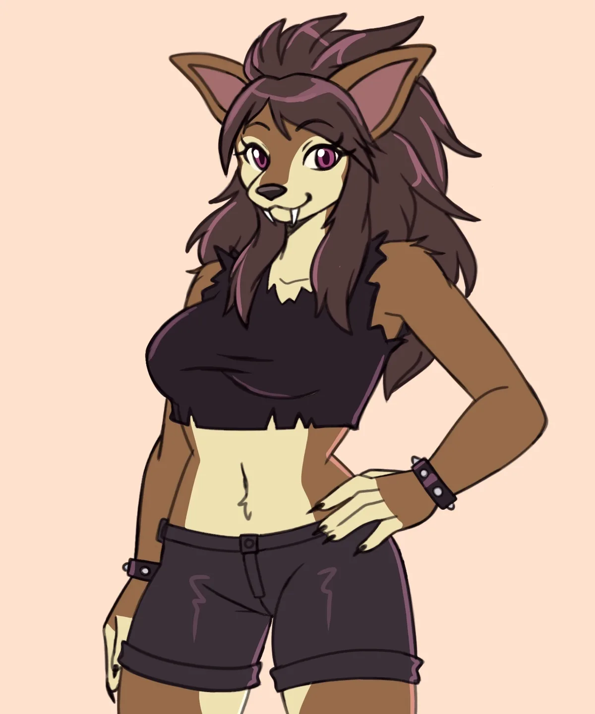 A cartoon anthropomorphic female wolf with brown fur, purple eyes, and fangs, wearing a black crop top and shorts, poses…