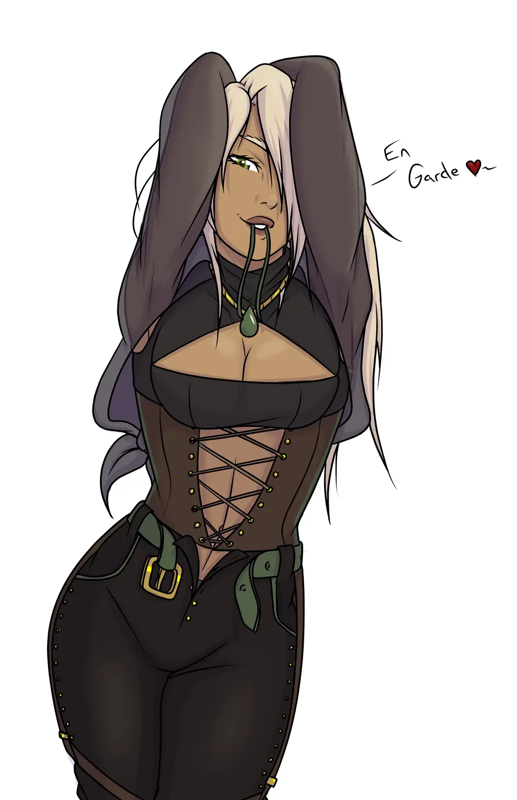 An anime-style illustration of a woman with long dark hair and green eyes, wearing a black top, brown corset with lacing…