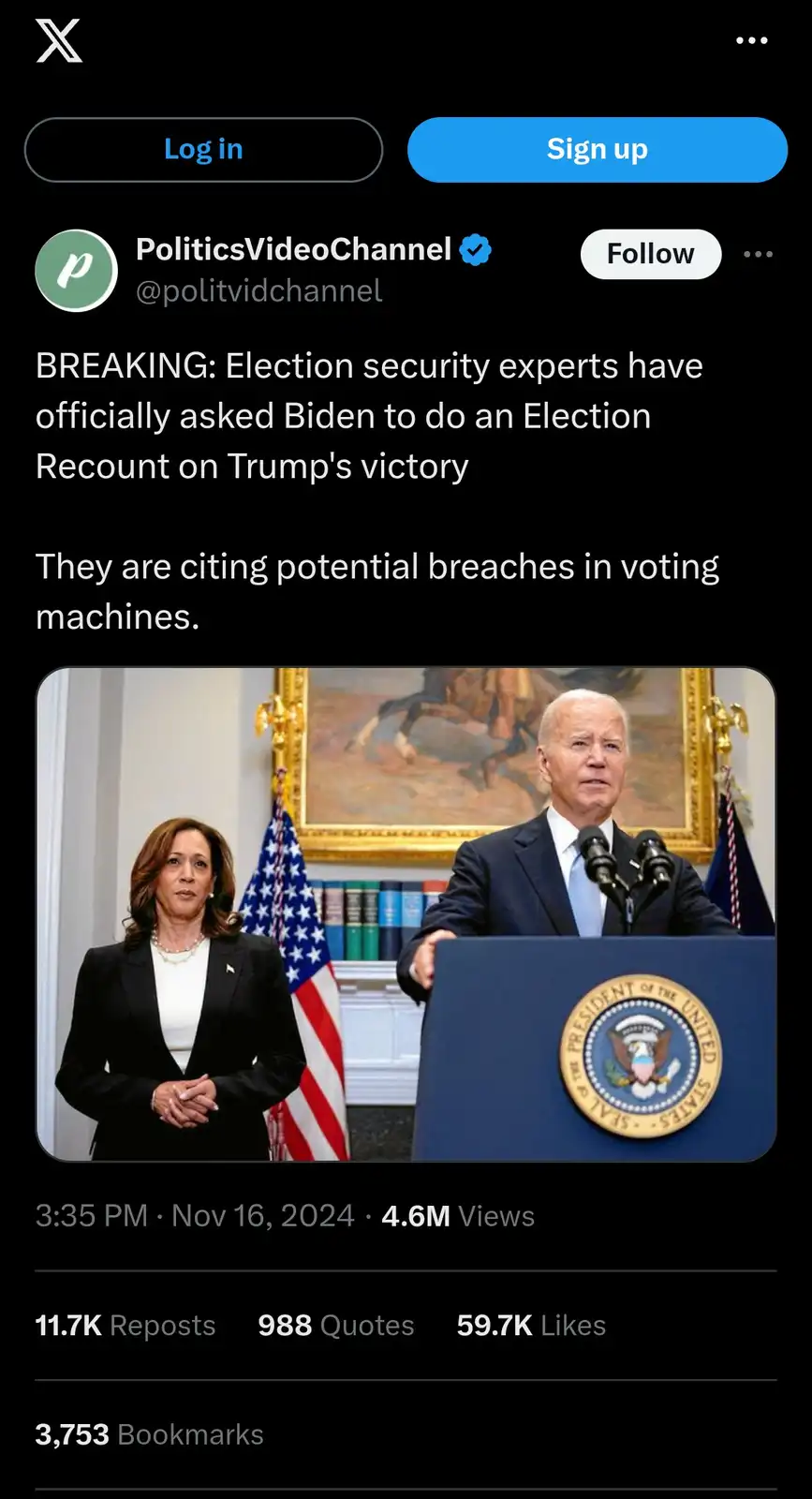 A screenshot of an X (Twitter) post from 'PoliticsVideoChannel' shows a photo of President Joe Biden at a podium with the…