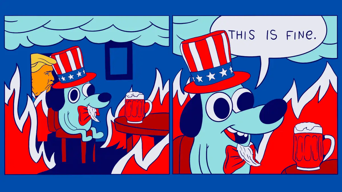 A cartoon dog wearing a red, white, and blue top hat sits calmly at a table with a beer mug as flames engulf the room around…