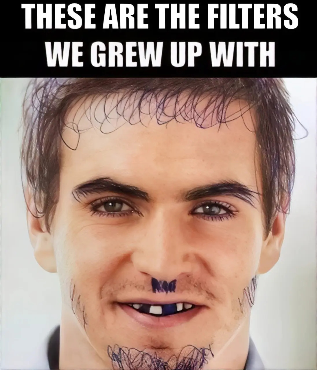 A close-up photo of a smiling man with digitally altered features including thick, drawn-on eyebrows, a dark 'M' shaped mark…