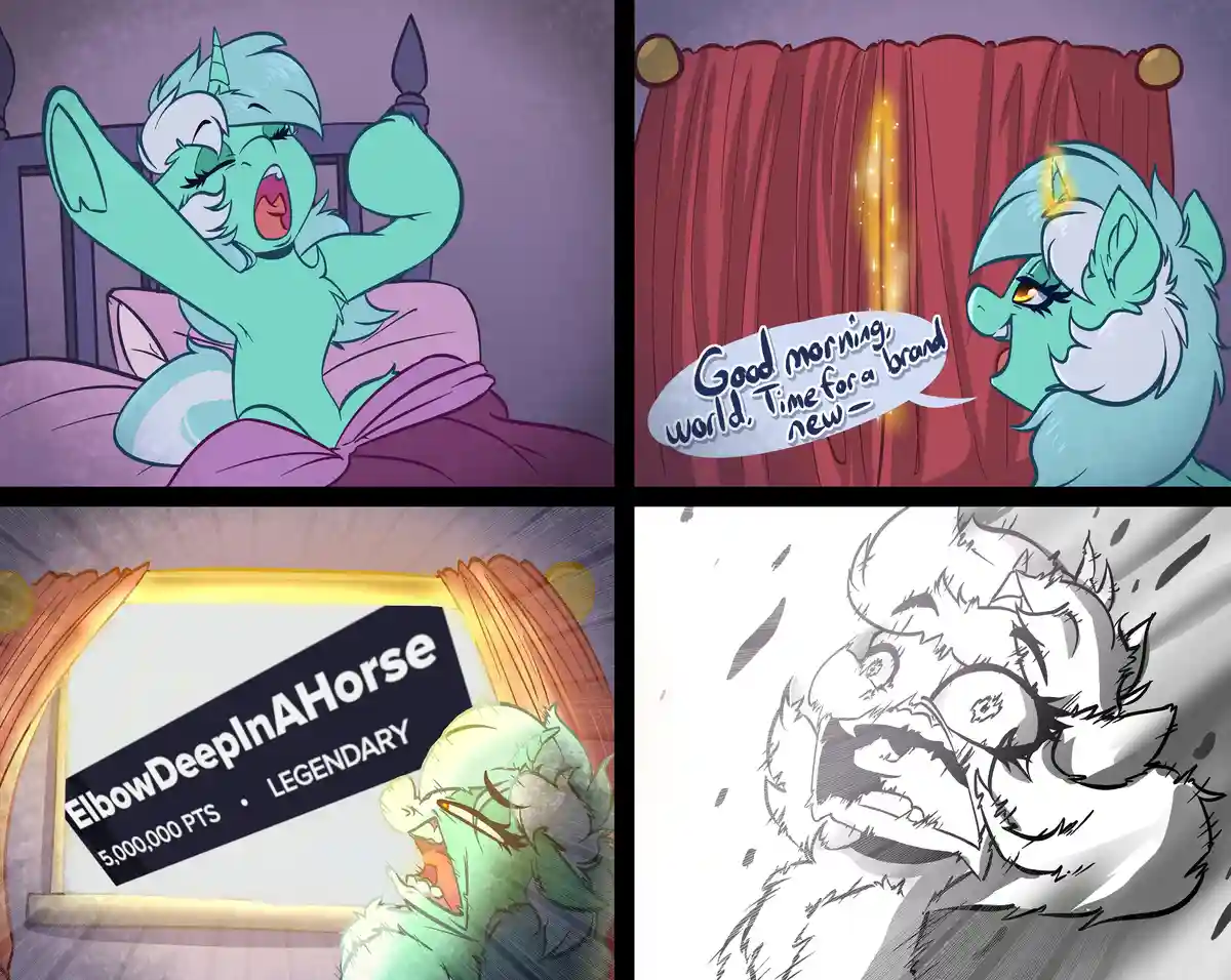 A four-panel comic strip featuring a teal pony with white mane and horn. Panel 1: She stretches in bed. Panel 2: She stands…