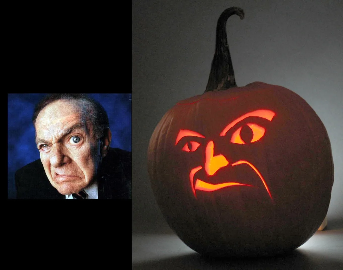 The image displays a split-screen: on the left, a close-up photo of a man with an angry, furrowed brow and intense stare; on…