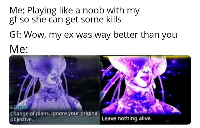 The image is a two-panel meme featuring the character Lotus from the game Destiny. The left panel shows her with a calm…