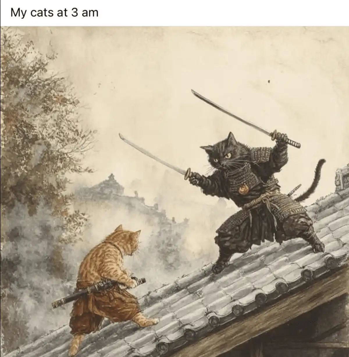 Two cats dressed in samurai armor are depicted on a tiled roof, one wielding a katana in a combat stance while the other…