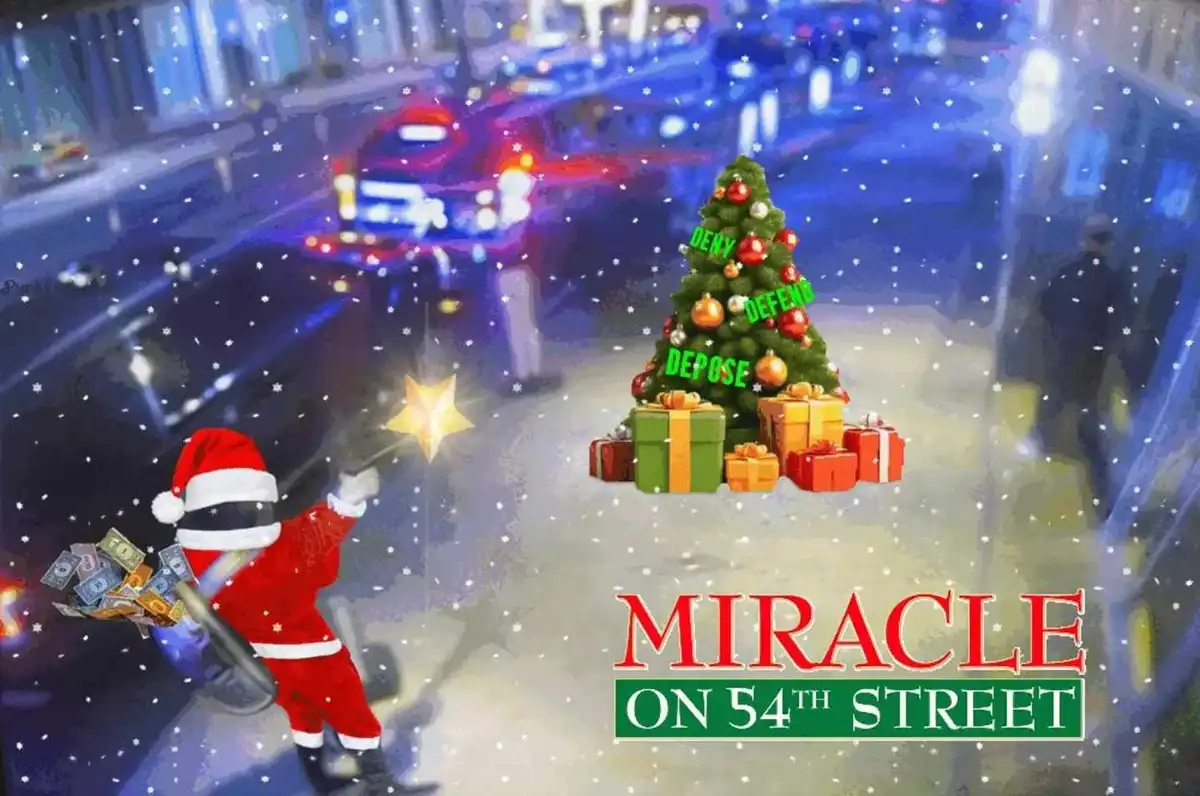 A digitally altered image shows a Santa Claus figure in a red suit wielding a baseball bat and swinging at a glowing star…