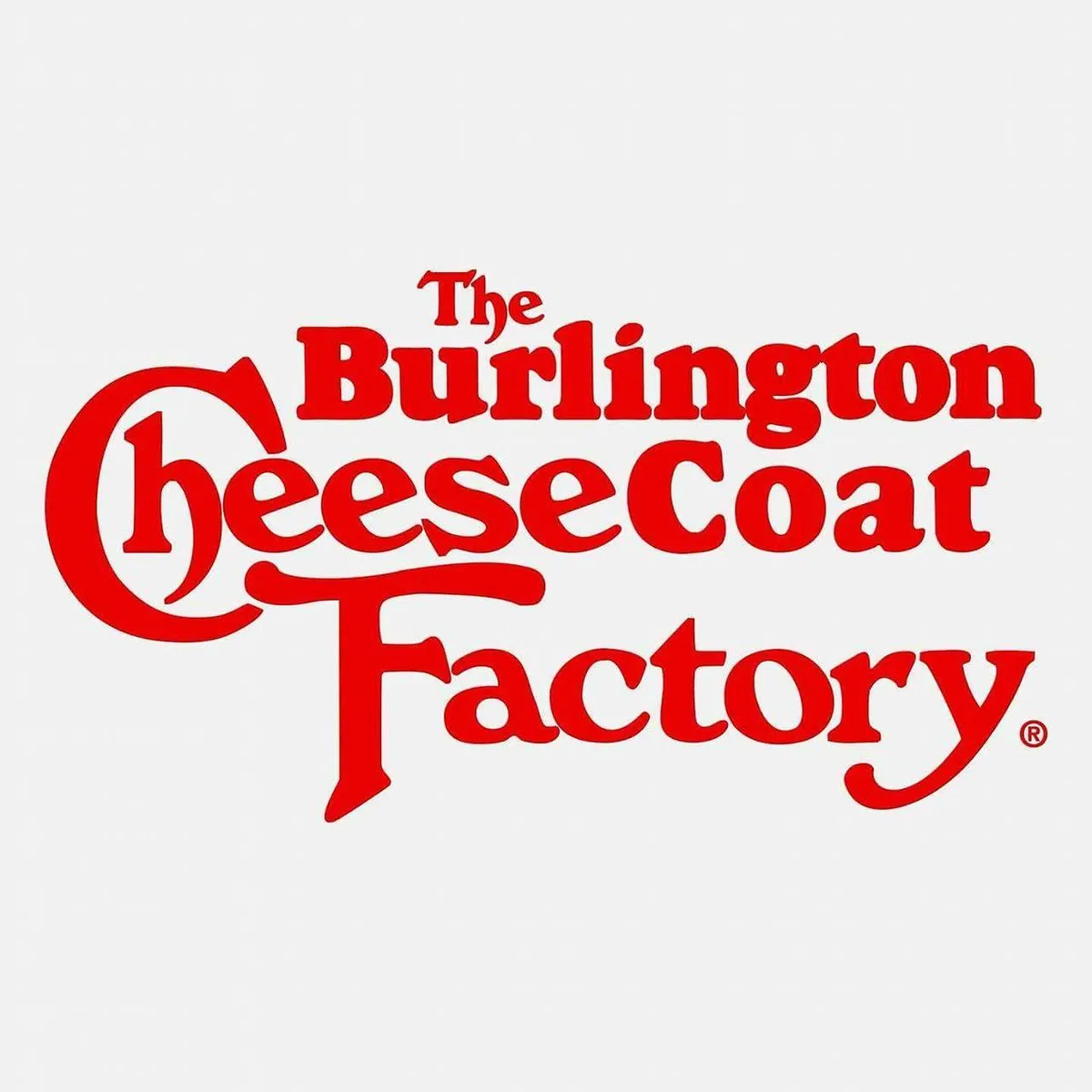 The image displays the red logo of 'The Burlington CheeseCoat Factory' against a plain white background. The text is…