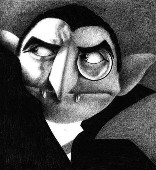 A black-and-white pencil drawing of a vampire with pointed ears, fangs, and a stern expression, but one eye is replaced by a…