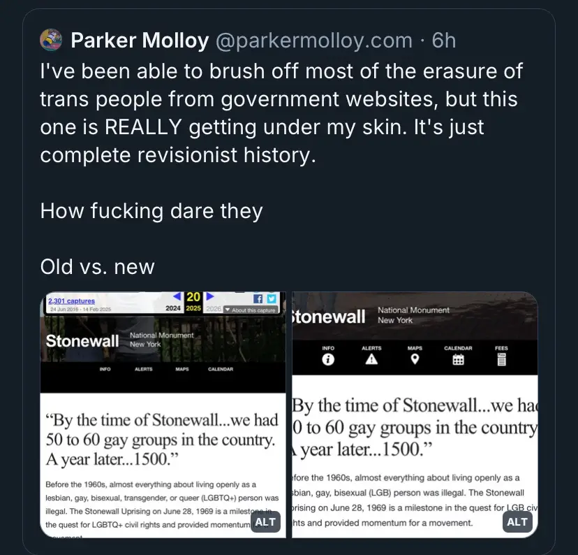 A screenshot of a tweet by Parker Molloy showing two side-by-side government website screenshots labeled 'Old vs. new'. Both…
