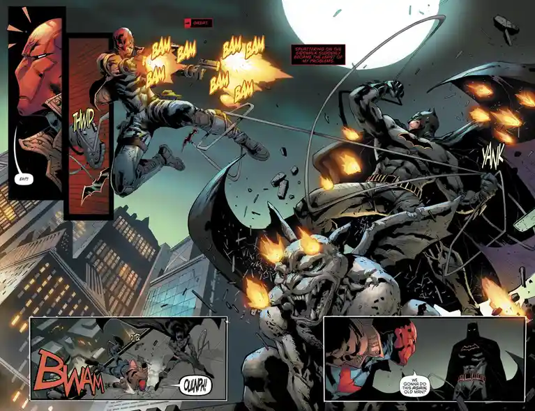 A comic book panel shows Batman swinging on a grappling line toward a flaming, monstrous creature while Red Hood fires…