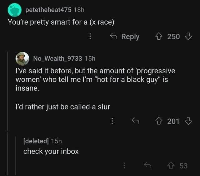 A screenshot of a Reddit comment thread shows a user complaining about being called 'hot for a black guy' by progressive…