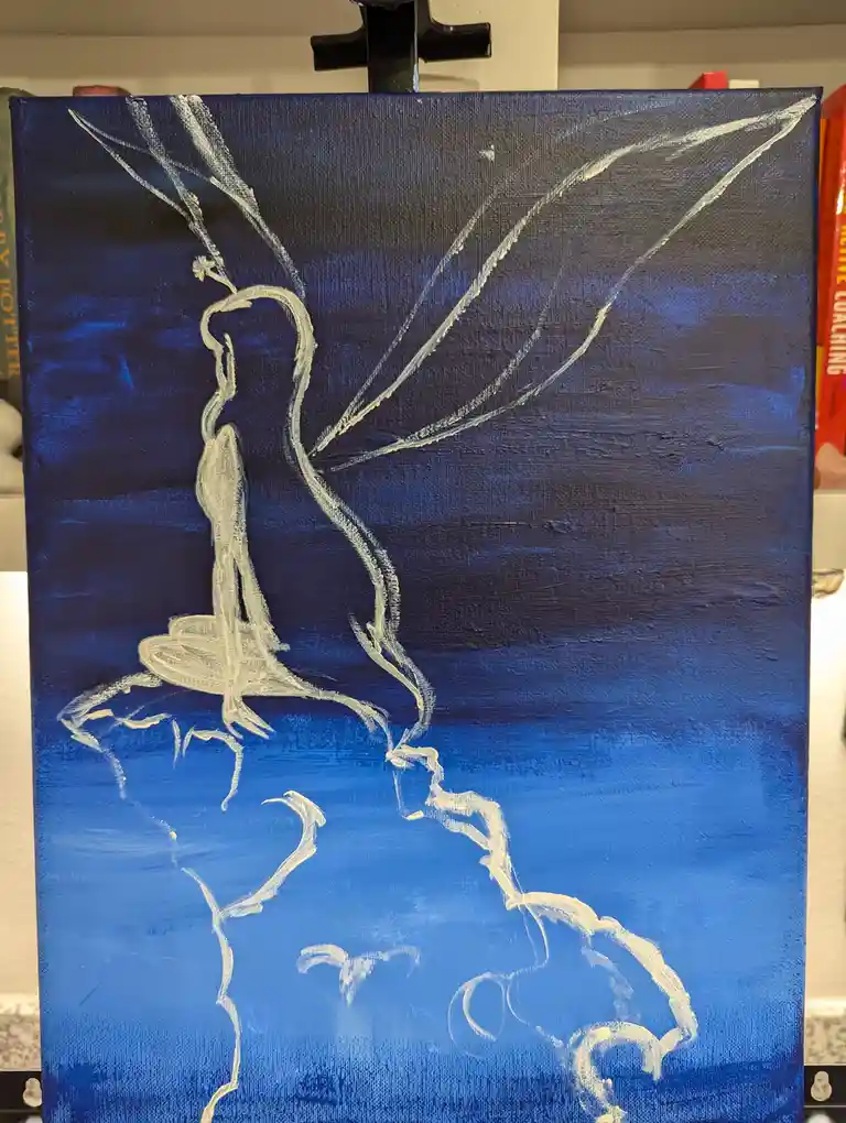 A hand-painted canvas depicts a stylized fairy in white paint against a gradient blue background, with visible brushstrokes…