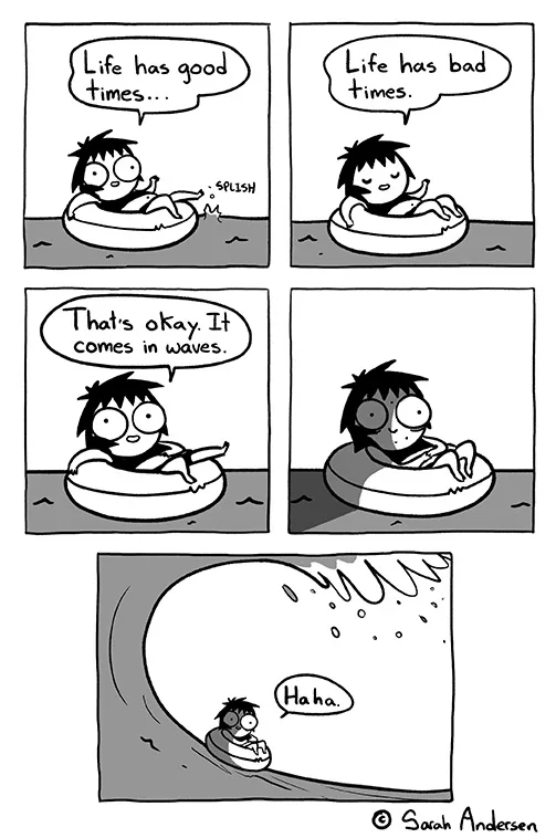 A four-panel comic strip by Sarah Andersen shows a person in a tube floating in water. They first enjoy good times, then bad…