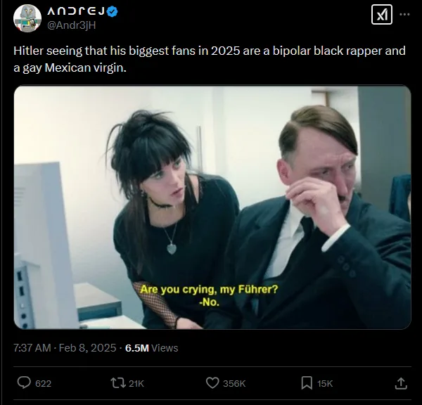 A screenshot from a video shows Adolf Hitler in a suit looking distressed while a woman with dark hair and a choker asks…