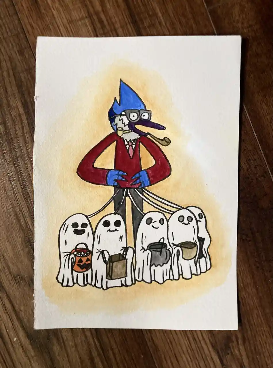 A hand-drawn watercolor image shows a tall, blue-haired, bespectacled character in a red sweater and pipe, standing with…