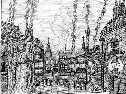 A black-and-white detailed line drawing depicts a European-style town with stone buildings, arched doorways, chimneys, and…