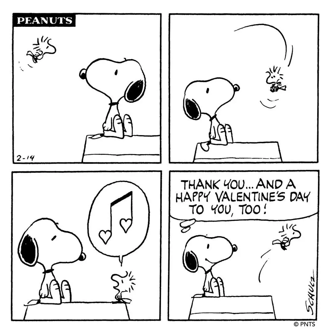 A four-panel Peanuts comic strip shows Snoopy sitting on his doghouse as Woodstock flies around him. In the final panel…