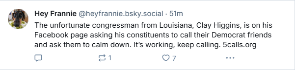 A screenshot of a social media post from 'Hey Frannie' showing a tweet about Louisiana Congressman Clay Higgins asking his…