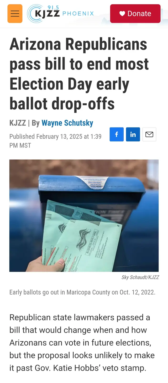A screenshot of a KJZZ news article shows a hand holding two light green election ballots near a blue mailbox. The headline…