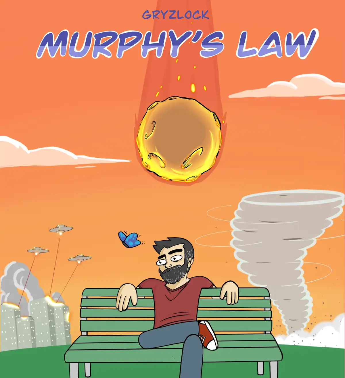 A cartoon man sits calmly on a park bench as a giant flaming asteroid falls directly above him, a tornado swirls nearby…