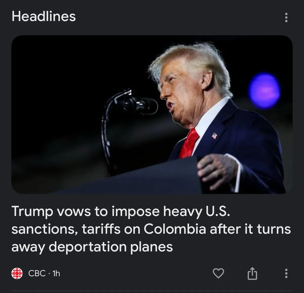 A screenshot of a CBC news headline shows Donald Trump speaking at a podium, with the text overlay stating he vows to impose…