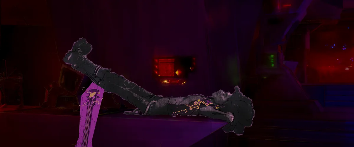 A stylized, dark-toned image shows a person lying horizontally on a platform in a dim, futuristic room with red and purple…