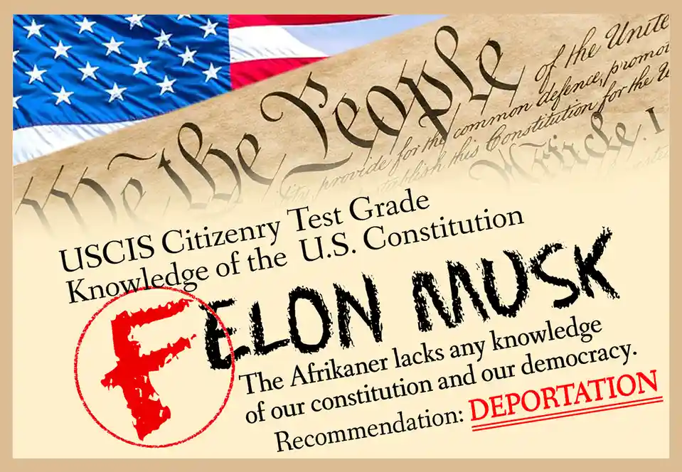 An image mimicking a USCIS citizenship test result, featuring the American flag and Constitution text, overlaid with bold…