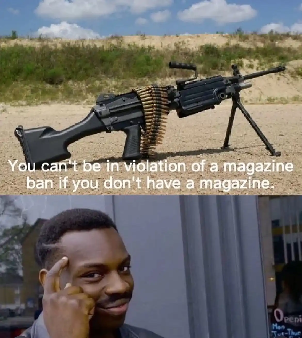 The top panel shows a heavy machine gun with a belt-fed ammunition belt lying on sandy ground under a partly cloudy sky. The…