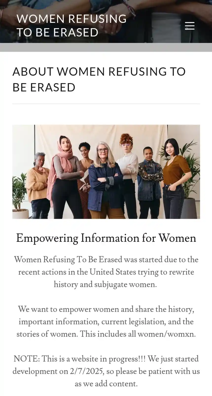 A screenshot of a website titled 'WOMEN REFUSING TO BE ERASED' shows a photo of seven diverse women standing together with…