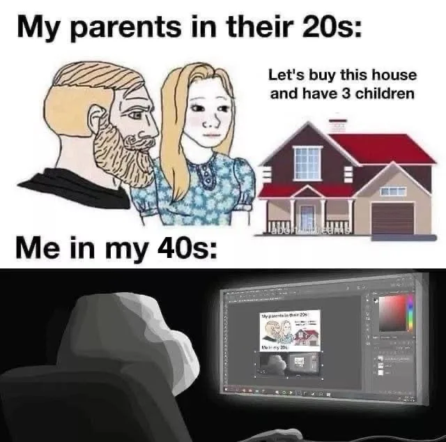 The top panel shows a cartoon couple in their 20s looking at a house with the text 'Let's buy this house and have 3…