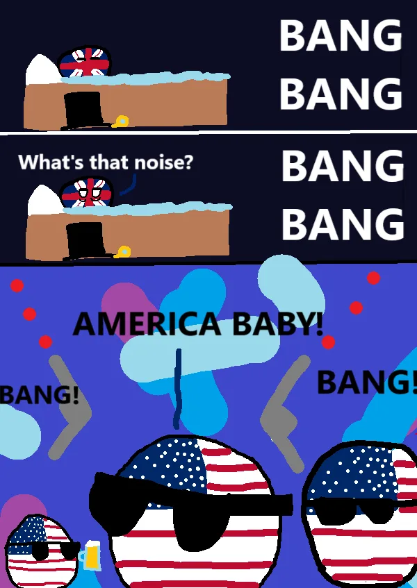 A three-panel comic strip featuring a British flag character in bed startled by loud noises, then joyfully greeted by…