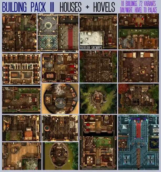 The image displays a grid of 16 top-down, isometric-style floor plans for various fantasy buildings, ranging from simple…