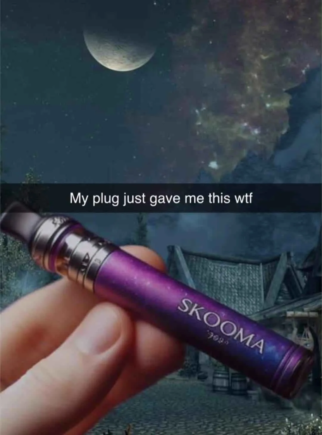 A hand holds a purple vape pen labeled 'SKOOMA' against a fantasy game background with a moon and nebula. The overlaid text…