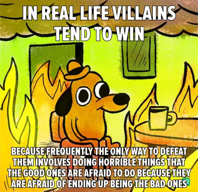 A cartoon dog wearing a hat sits calmly in a room engulfed in flames, holding a mug. The text overlaid on the image reads…