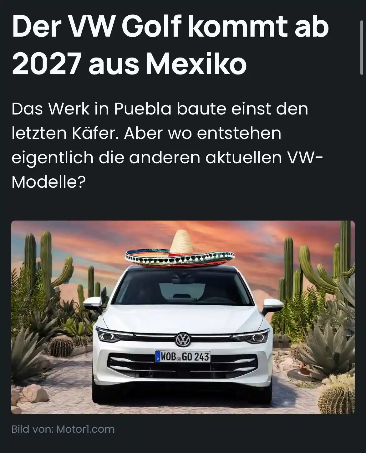 A white Volkswagen Golf is shown front-on in a desert landscape with cacti, wearing a large colorful sombrero on its roof…