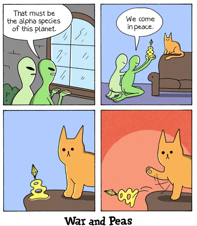 A four-panel comic shows two green aliens observing an orange cat through a window, then kneeling to offer the cat a small…