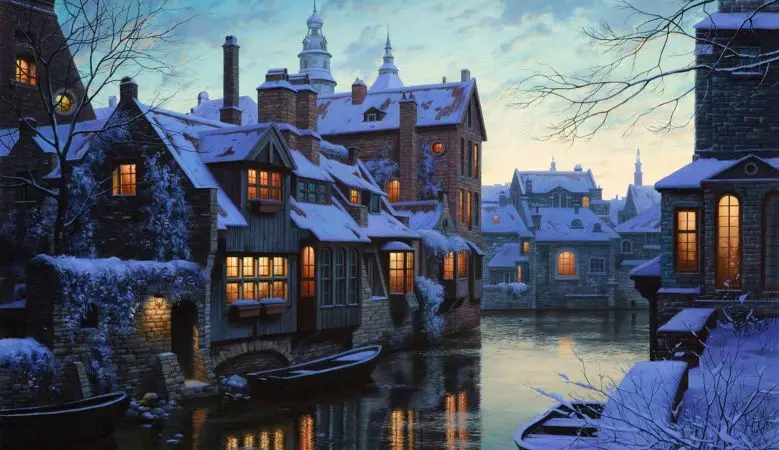 A serene, snow-covered European canal town at dusk, with warmly lit windows reflecting in the water, overlaid with the text…