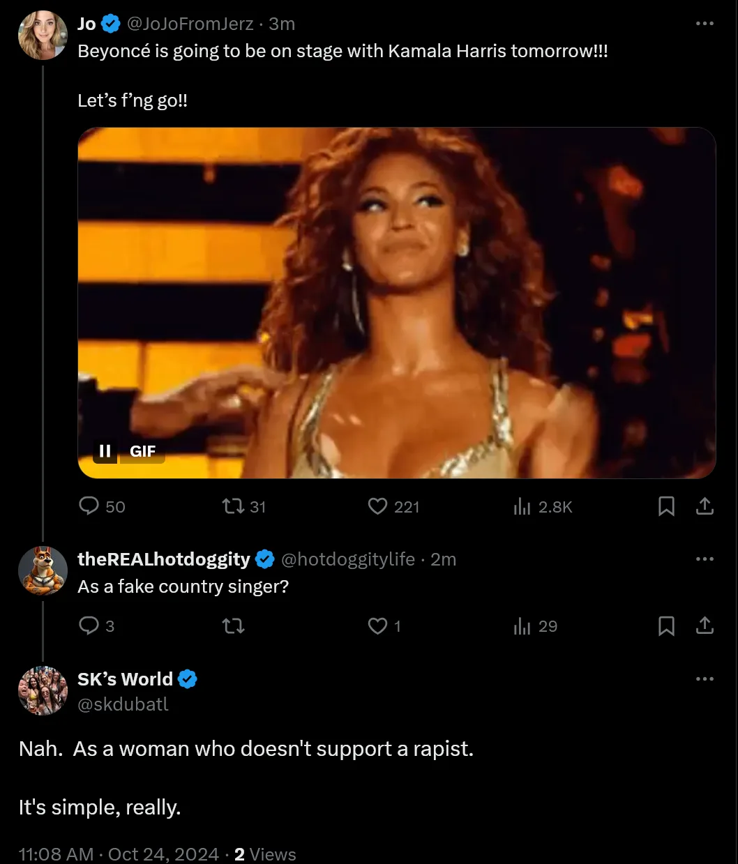 A screenshot of a Twitter thread shows a user excitedly announcing that Beyoncé is performing with Kamala Harris. The…
