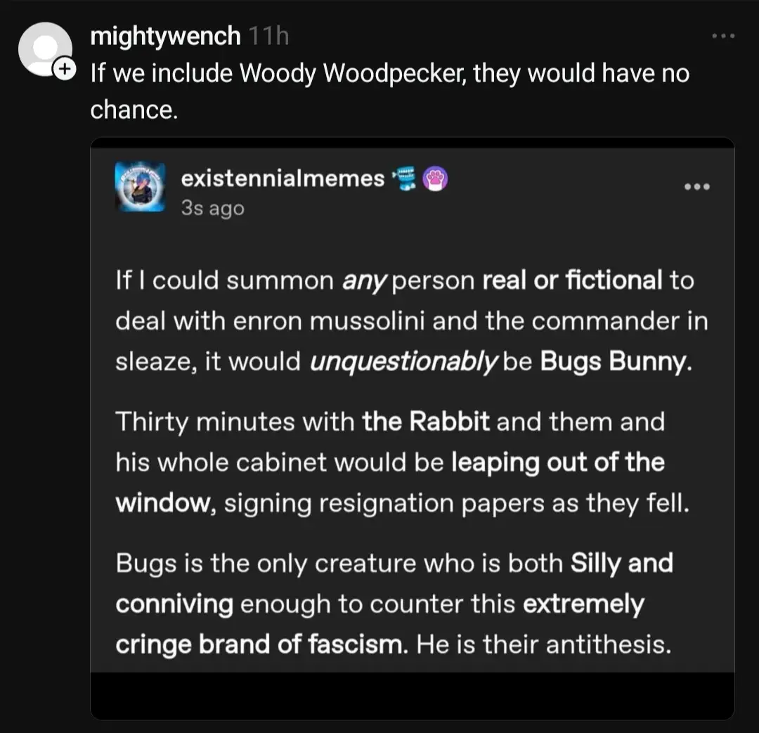 A screenshot of a Reddit comment thread where one user responds to a post claiming Bugs Bunny is the ideal person to handle…