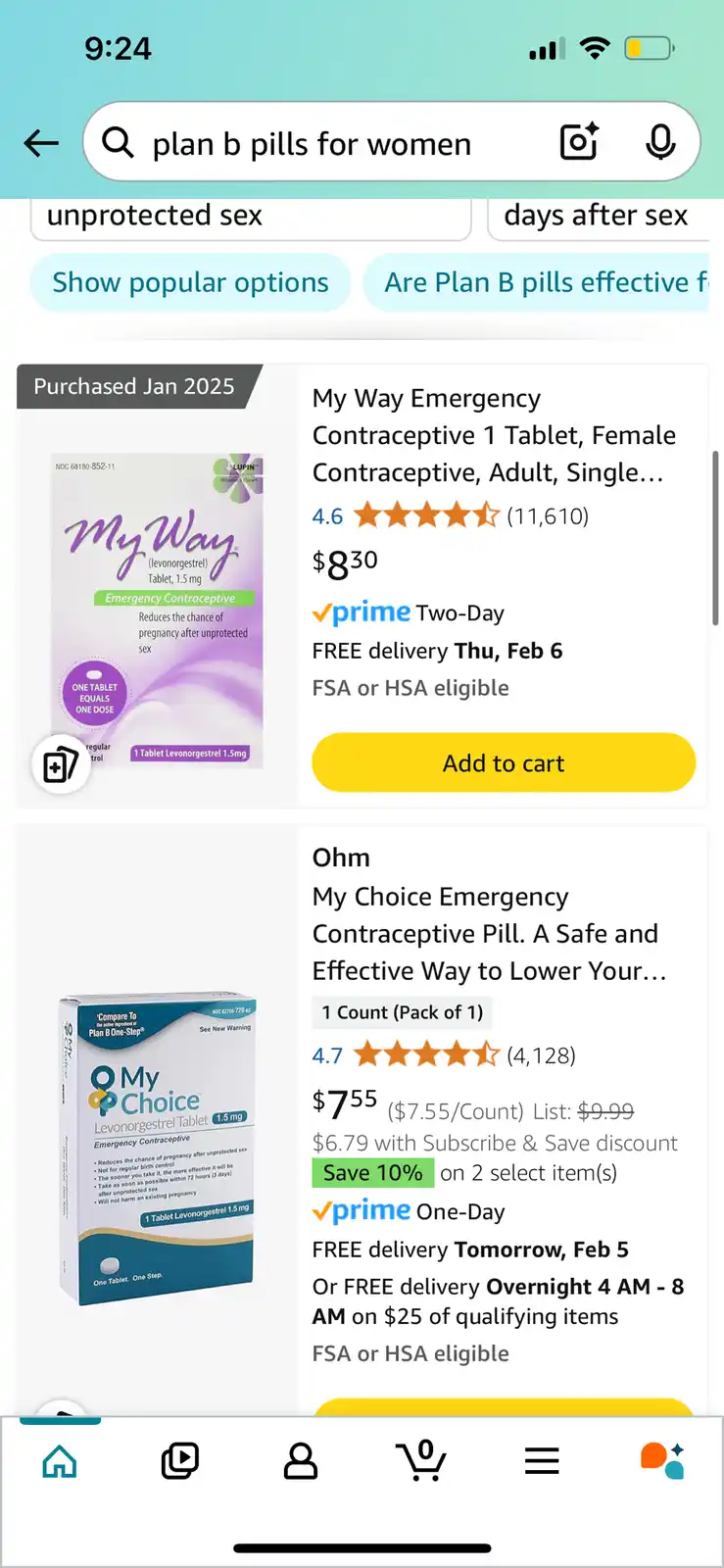 A screenshot of an Amazon search for 'plan b pills for women' shows two emergency contraceptive products. The first is 'My…