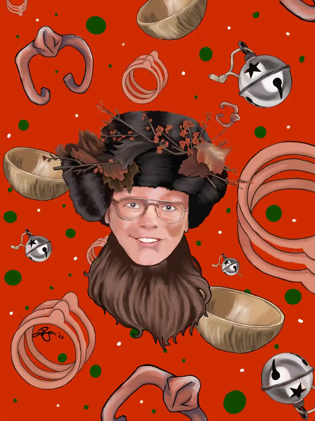 A cartoon-style illustration shows a smiling man with glasses, wearing a furry hat decorated with autumn leaves and berries…