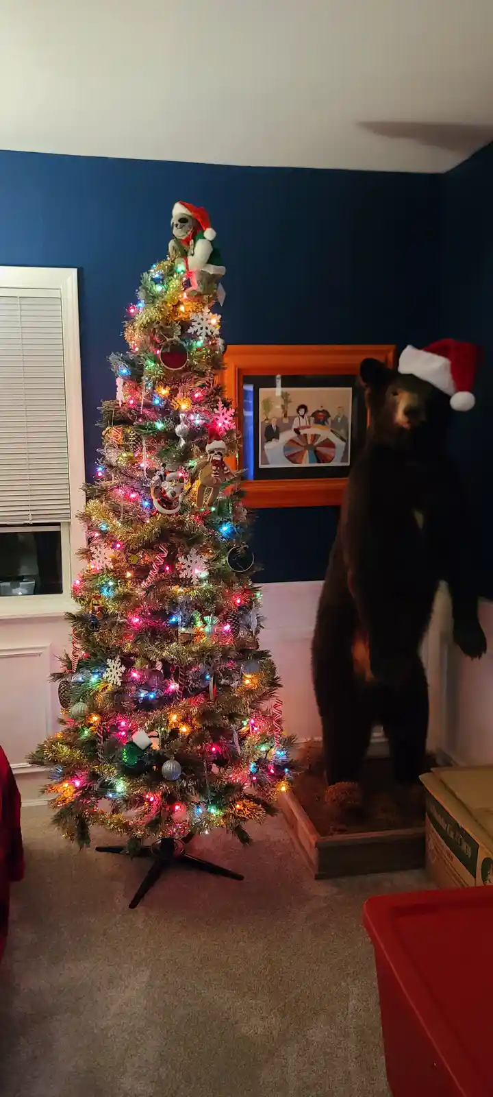 A brightly lit, decorated Christmas tree stands next to a mounted black bear wearing a Santa hat. The tree is adorned with…