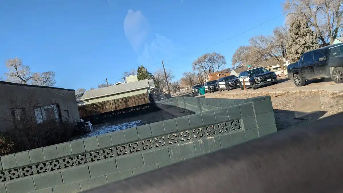 A photo taken from inside a vehicle shows a residential street with multiple police cars parked in front of a house. A green…