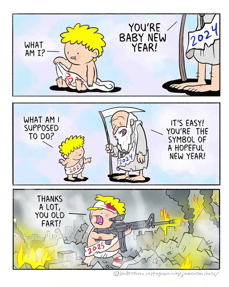 A three-panel comic shows a baby labeled '2025' being introduced to '2024' as 'Baby New Year.' An older man, representing…