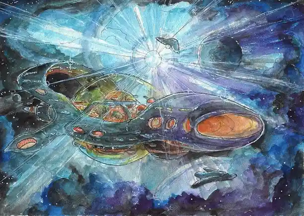 A watercolor painting depicts a large, futuristic spaceship with a complex, multi-layered design floating in a starry…