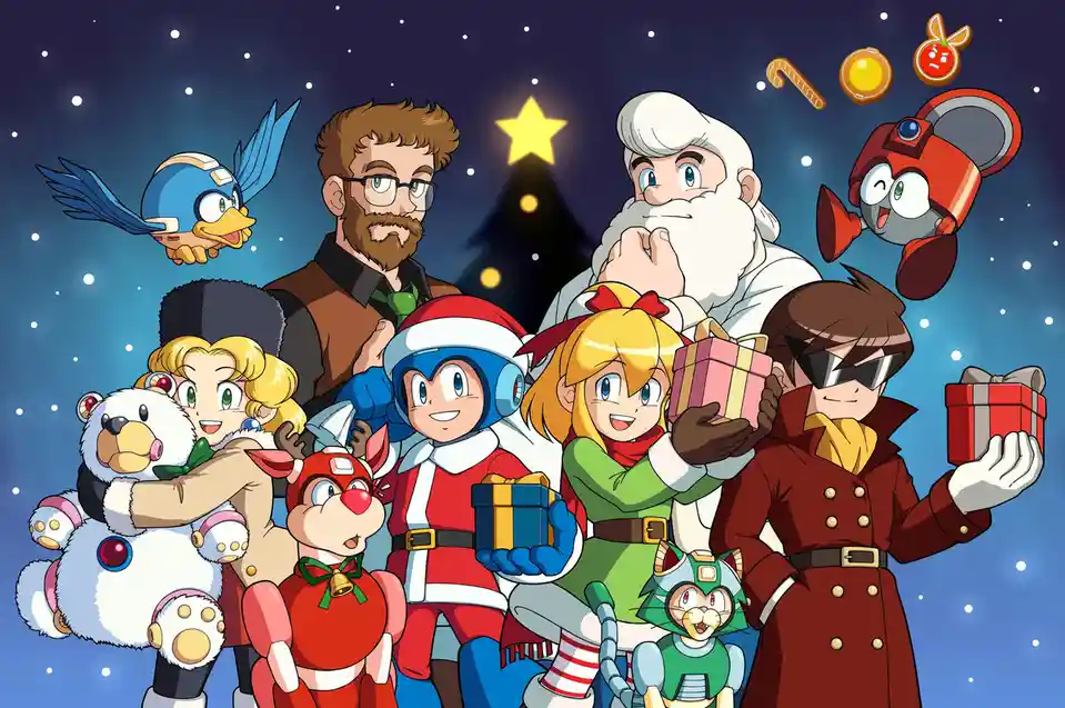 A festive illustration shows a group of video game characters, including Mega Man, a Santa-clad robot, and others, gathered…